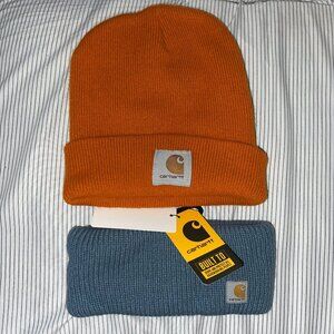 Carhartt A18 Acrylic Watch Cap Beanie (Brite Orange) + Knit Headband (Blue)